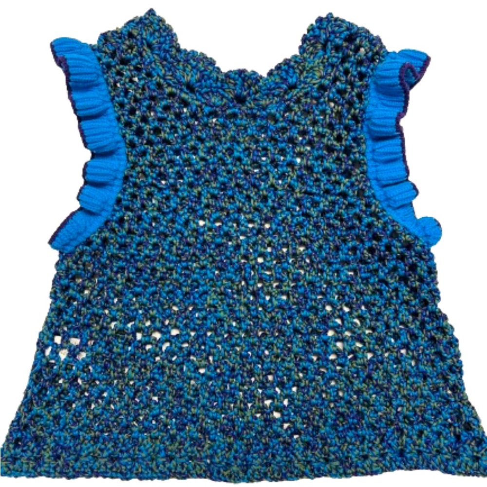 Arto. Open Woven Knit Ruffle Sleeve Top One Size Peacock Blue Purple Green